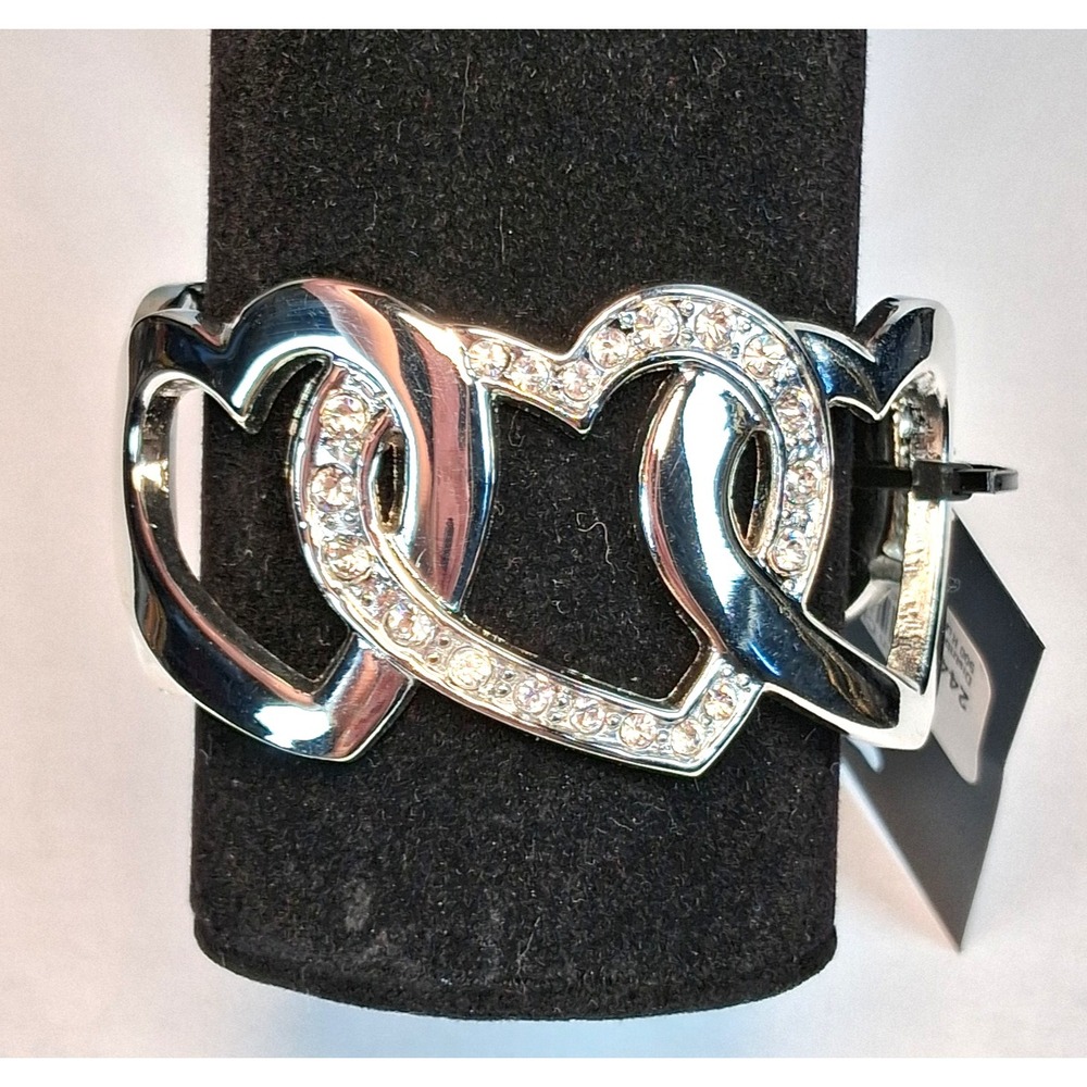 Sapphire for Cracker Barrel Silver Tone Rhinestone Double Heart Hinged Bangle